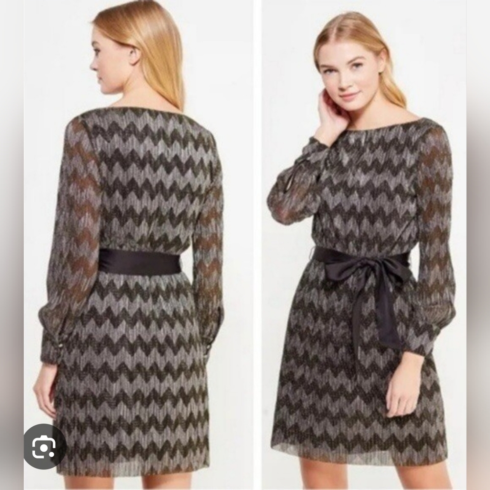 Banana Republic Chevron Metallic Gold Silver Mini Belted Party Dress Size 10
